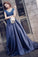 Charming A-Line V-Neck Navy Blue Satin Cap Sleeve Prom Dresses with Lace Appliques WK459