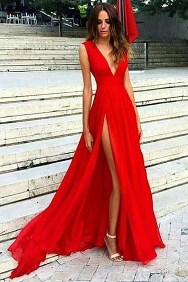 Elegant Red Split V-Neck A-Line Chiffon Sexy Floor-Length Prom Dresses WK506