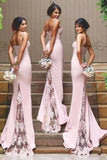 Stylish Mermaid Spaghetti Straps Satin Long Pink Bridesmaid Dresses with Lace Appliques WK267