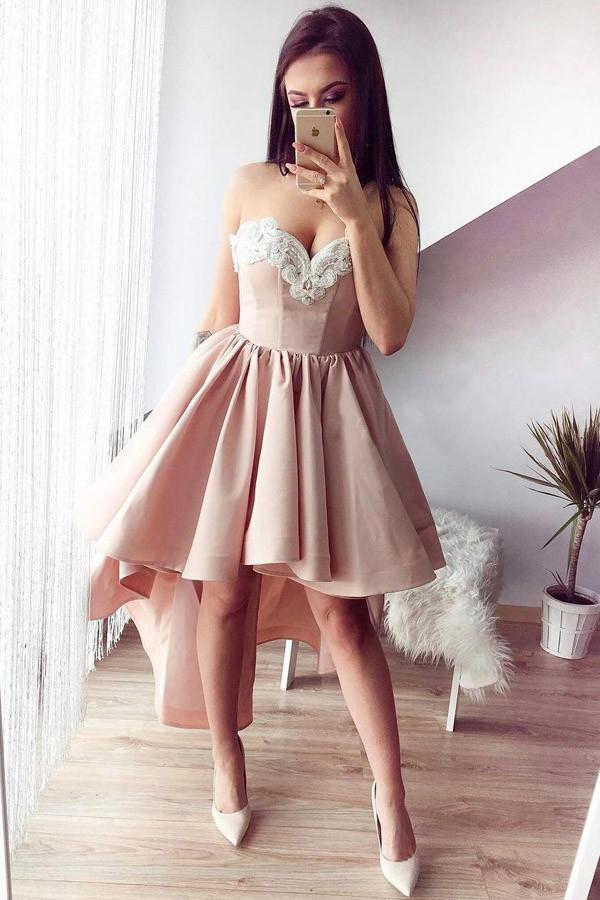 A-Line Sweetheart High Low Pink Stretch Satin Homecoming Dress with Appliques WK121