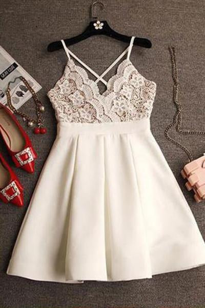 Cute Simple Spaghetti Strap Sleeveless Satin Lace Homecoming Dress VT546