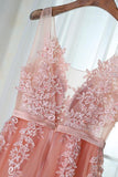 Charming Appliques Tulle V-Neck Beads Sleeveless Scoop Pearl Pink Prom Dresses WK408