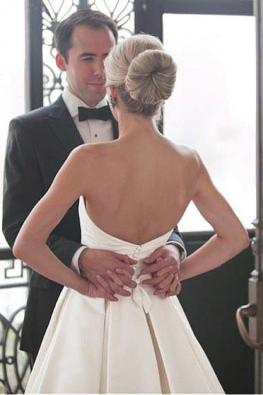 A-Line Sweetheart Strapless Backless Floor-Length Ivory Satin Wedding Dresses with Ruched WK276