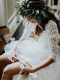 3/4 Sleeve Lace Ivory Chiffon Wedding Dresses Cheap Two Piece Beach Bridal Dresses WK813