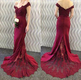 2022 Off-the-Shoulder Burgundy Lace Appliques Long Mermaid Prom Dresses WK370