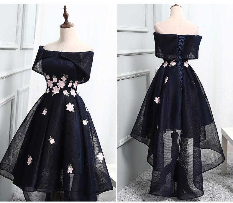 2022 Chic Off-the-Shoulder Appliques Asymmetrical Short High Low Homecoming Dress