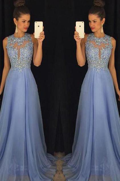 Sky Blue A Line Prom Dresses Tulle Skirt Lace Bodice Prom Gowns WK104