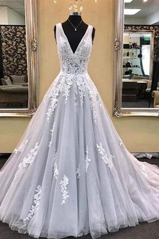 Gray V-Neck Tulle Lace Appliques Sleeveless A-Line Lace-up Long Prom Dresses WK790