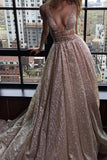 A-Line Deep V-Neck Court Train Open Back Sequined Prom Dress with Beading WK82