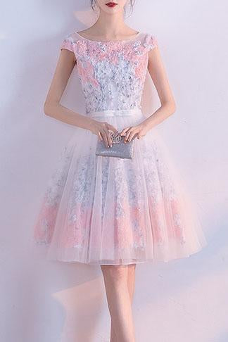 A line Short Appliques Tulle Lace Round neck Knee length Pink Homecoming Dress WK187