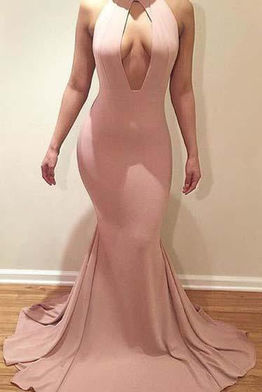 Mermaid Scoop Neck Sweep Train Jersey with Ruffles V-Neck Sleeveless Prom Dresses WK624