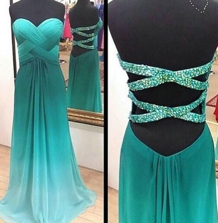 Simple A-Line Chiffon Ombre Strapless Green Sweetheart Open Back Prom Dresses UK PH345