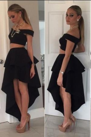 SexyTwo Pieces Modern Off the Shoulder A-Line Princess High Low Satin Homecoming Dresses WK875
