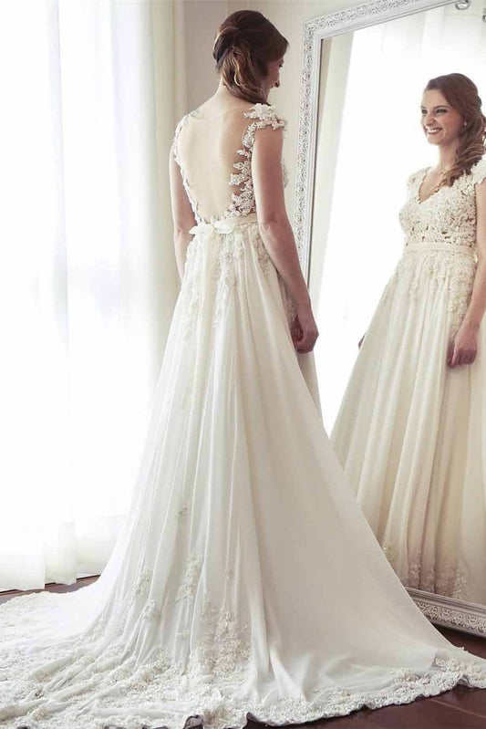 A-Line V-Neck Chiffon with Lace Appliqued Cap Sleeves Ivory Chapel Train Wedding Dresses WK883