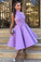 A-Line High Neck Tea-Length Sleeveless Purple Satin Homecoming Dress with Appliques WK119