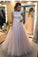 A-Line Light Pink Tulle with White Lace Appliqued Open Back Floor-Length Prom Dresses WK547