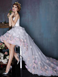Charming Sweetheart Flowers Strapless Tulle Asymmetry Prom Dresses Wedding Dresses WK259