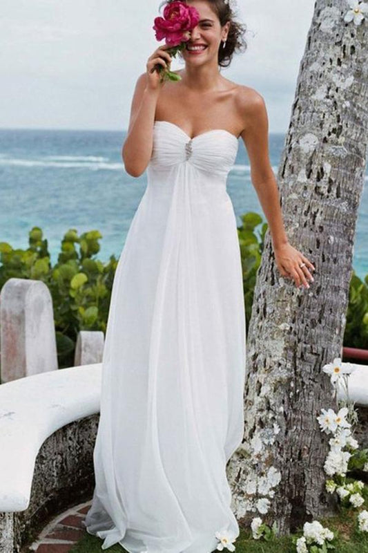 Elegant A-Line Sweetheart White Strapless Chiffon Beach Wedding Dress with Beads WK784