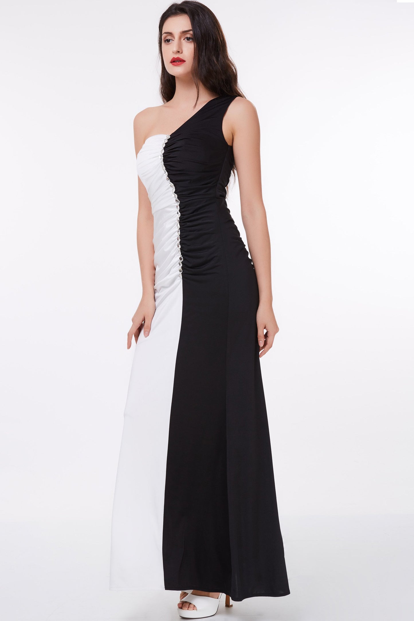 Mermaid Long Black and White Floor Length One Shoulder Beads Ruffles Prom Dresses WK265