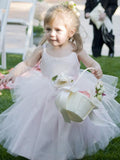 Ball Gown Scoop Neck Tulle Elastic Woven Satin Ankle-length Flower(s) Flower Girl Dresses WK733