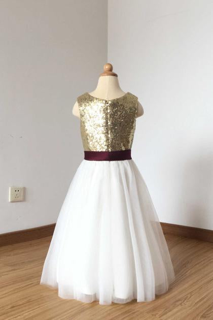 2024 A Line Simple Light Gold Sequin Ivory Tulle Scoop Flower Girl Dress with Burgundy Sash WK774