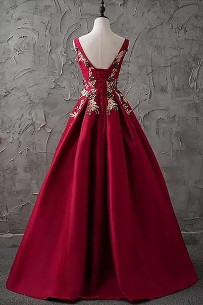 Chic Burgundy Cheap Scoop Long Lace up Satin Sleeveless Prom Dresses WK88