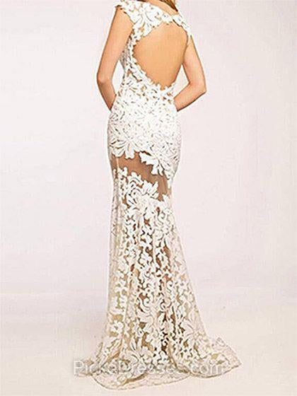 High Neck Cap Sleeves Lace Mermaid Sexy White Lace Open Back Beautiful Women Dresses WK843