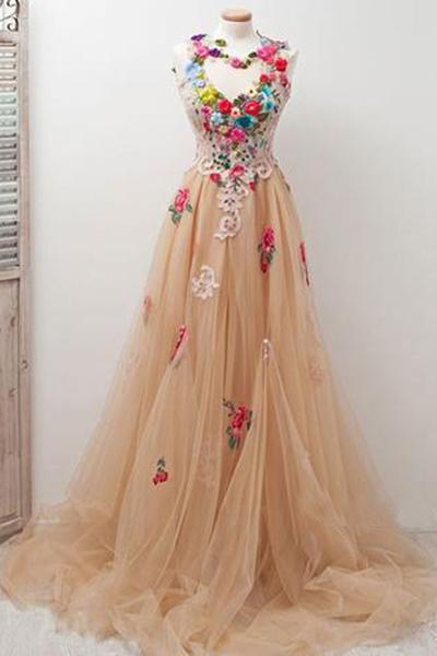A-Line High Neck Round Neck Tulle Applique Open Back Long with Flowers Prom Dresses WK494