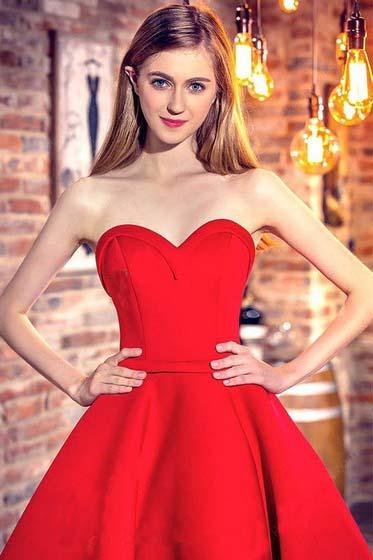 Princess Sweetheart Red Satin with Ruffles Asymmetrical High Low Classic Prom Dresses WK622