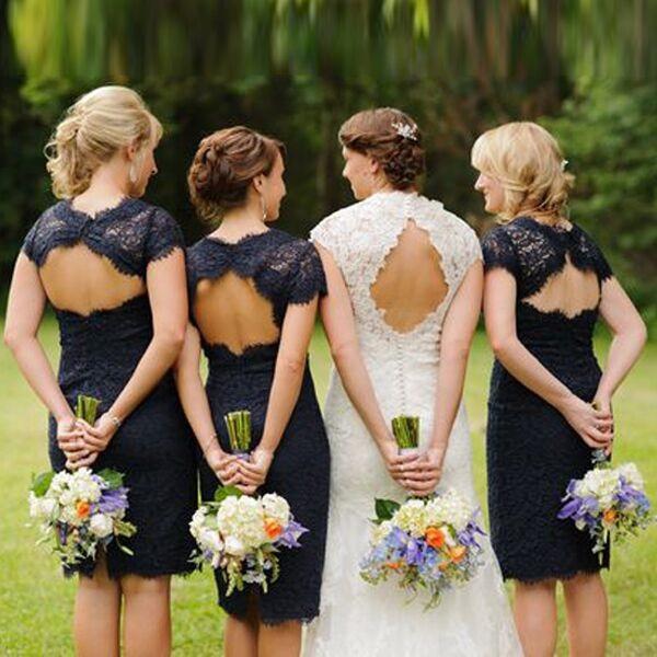 Lace Short Open Back Cheap Navy Blue Cap Sleeve Mermaid Bridesmaid Dresses WK122