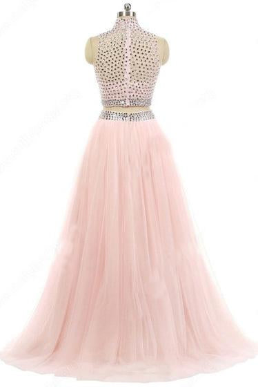 High Neck Pink Tulle Sweep Train Beading Two Pieces Long Prom Dresses WK82