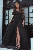 A Line Long Sleeve Slit Black Tulle Lace Appliques Backless Sweetheart Prom Dresses WK38