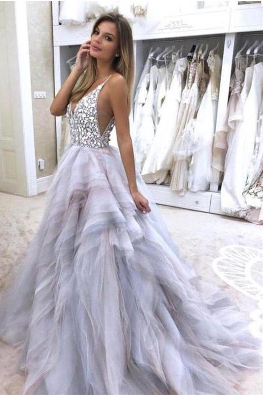 A Line Spaghetti Straps V Neck Silver Tulle Long Wedding Dresses with Rhinestones WK281