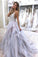 A Line Spaghetti Straps V Neck Silver Tulle Long Wedding Dresses with Rhinestones WK281