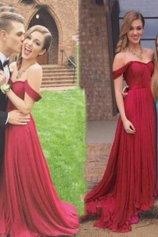 Charming A-Line Off-the-Shoulder Floor Length Red Prom/Evening Dress with Ruched WK866