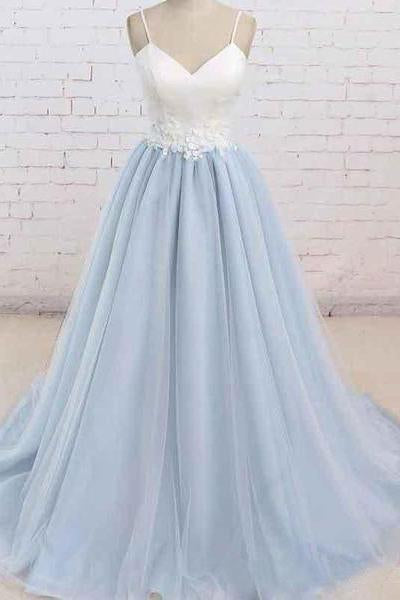 A Line Light Blue Spaghetti Straps Prom Dresses Sweetheart Long Evening Dresses WK602