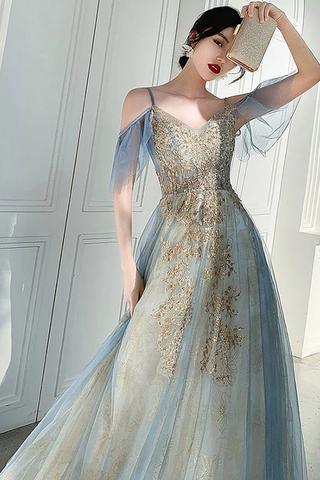 Unique V Neck Long Tulle Party Dress with Lace Sexy Sleeveless Long Prom Gown WK980
