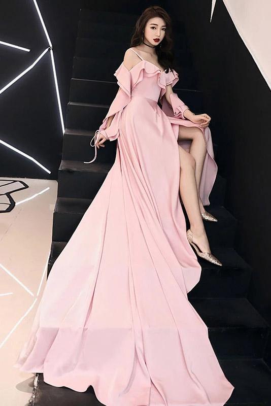 Spaghetti Straps Simple Pink Chiffon Long Prom Dress A Line Evening Dress with Ruffle WK981