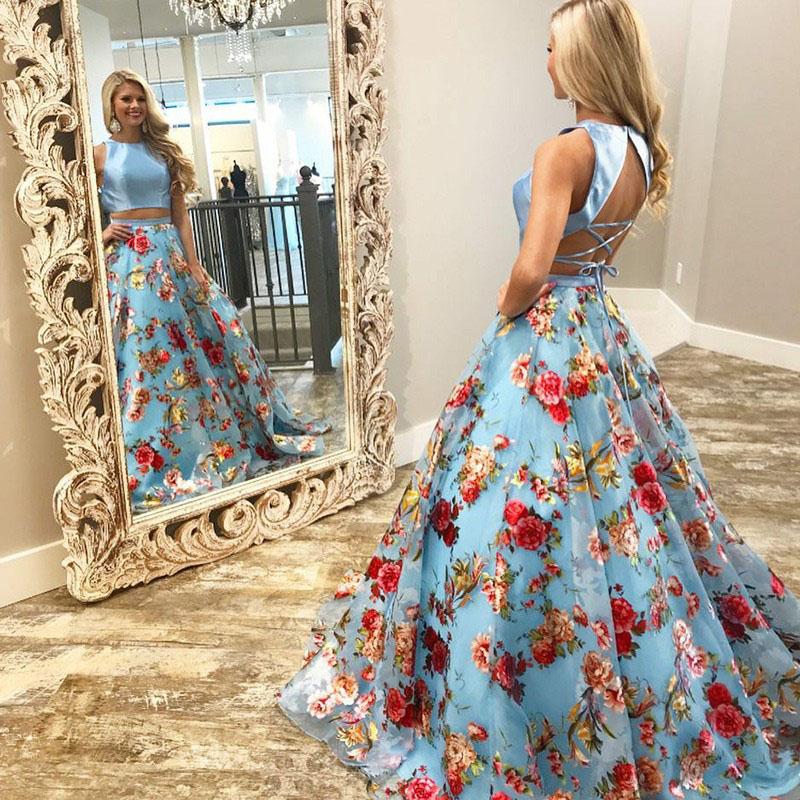 A Line Floral Two Piece Round Neck Sweep Train Blue Organza Prom Dresses WK182