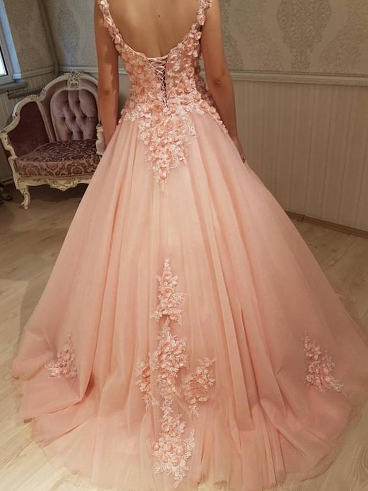 Gorgeous Ball Gown Round Neck Sweetheart Open Back Peach Lace Long Prom Dresses WK134