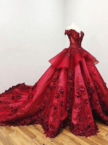 2024 Chic Ball Gown V Neck Beads Appliques Red Off-the-Shoulder Long Prom Dresses WK139