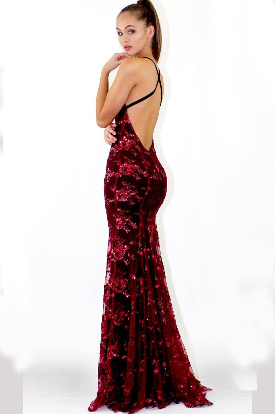 Fashion Spaghetti Straps Burgundy Sequin Mermaid Backless Deep V Neck Prom Dresses WK892