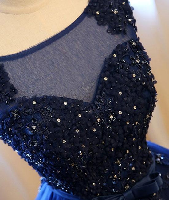 Dark Blue Tulle Lace Beads Ball Gown Open Back Sweet 16 Dress Quinceanera Dresses WK808