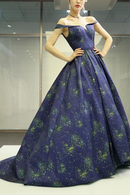 A Line Off the Shoulder Long Navy Blue Prom Dress with Printed, Cheap Evening Dresses PW847