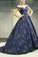 A Line Off the Shoulder Long Navy Blue Prom Dress with Printed, Cheap Evening Dresses PW847
