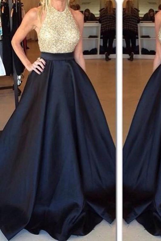 New Arrival Crew Neck Gold Sequins Black Satin Backless Sleeveless Prom Dresses WK440