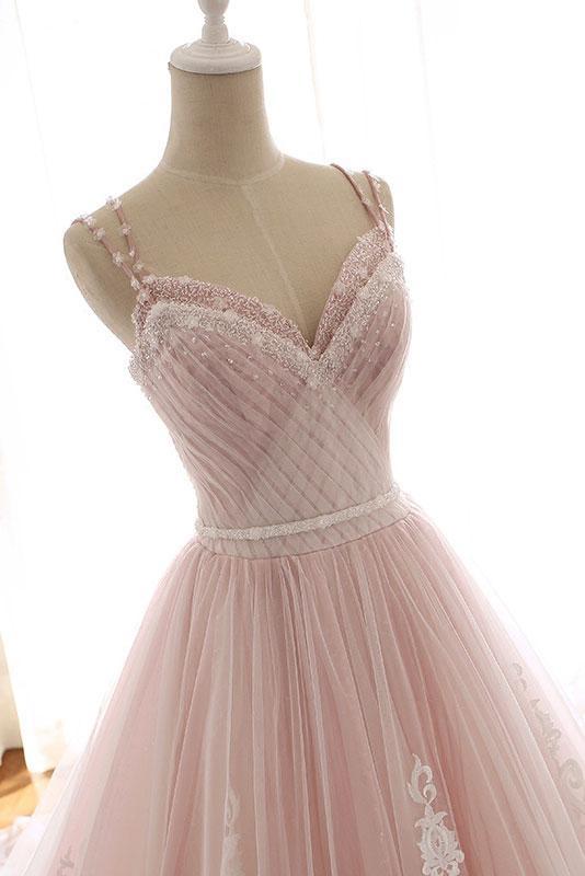 Unique A Line Pink Sweetheart Tulle Spaghetti Straps Long Lace Prom Dresses WK219