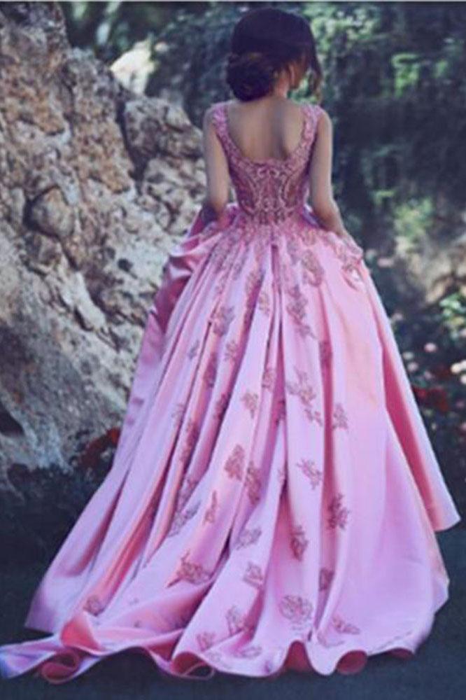 A-Line Luxury Square Appliques Beaded Satin Sweetheart Lace up Pink Quinceanera Dress WK399