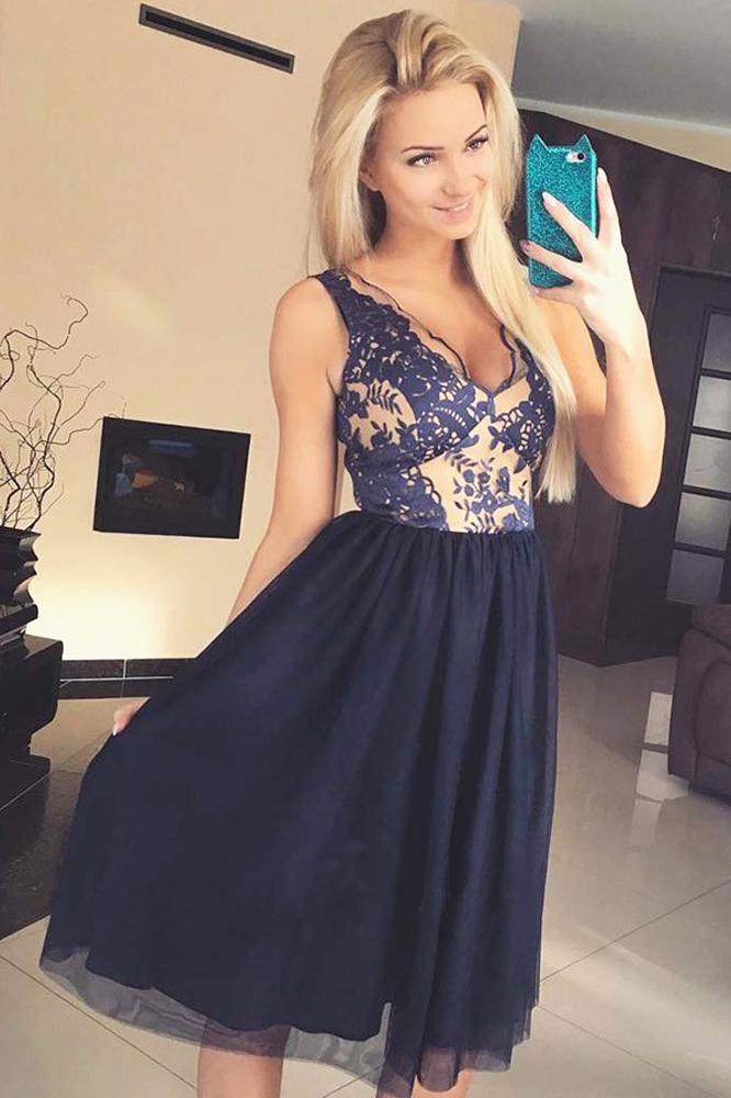 Cute A Line V Neck Open Back Tulle Navy Lace Chiffon Tea Length Short Homecoming Dresses WK988
