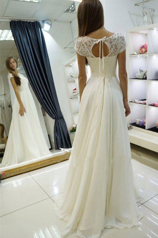 A-line Chiffon Long Beach Bateau Sweep Train Cap Sleeves Wedding Dress with Lace